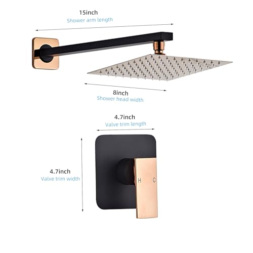 Shower Faucet Set Bathroom Matte Black and Rose Gold Rainfall Shower System Wall Mount with 8 Inch Square Shower Head, Single Function Shower Trim Kit with Rough-in Valve - color: Matte Black+Rose Gold, style: 8 Inch without Handheld Sprayer
