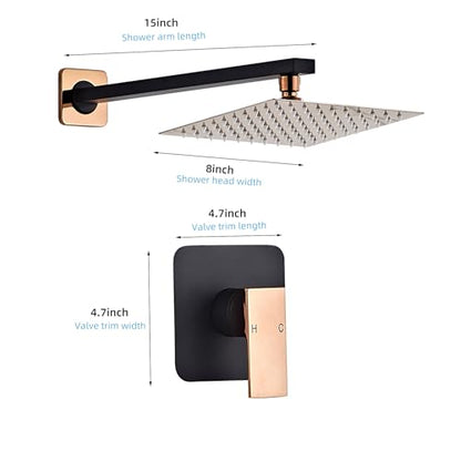 Shower Faucet Set Bathroom Matte Black and Rose Gold Rainfall Shower System Wall Mount with 8 Inch Square Shower Head, Single Function Shower Trim Kit with Rough-in Valve - color: Matte Black+Rose Gold, style: 8 Inch without Handheld Sprayer