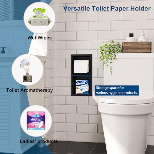 Qeke Recessed Toilet Paper Holder, Dual Rolls Tissue Toilet Holder, Black | 304 Stainless Steel, Rustproof & Durable, Space-saving, in Wall Tissue Holder for Bathroom & RV - color: Matte Black