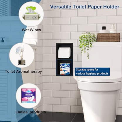 Qeke Recessed Toilet Paper Holder, Dual Rolls Tissue Toilet Holder, Black | 304 Stainless Steel, Rustproof & Durable, Space-saving, in Wall Tissue Holder for Bathroom & RV - color: Matte Black