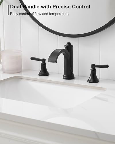 Matte Black Bathroom Faucet 3 Hole, Brass Bathroom Waterfall Faucet, 4-16 Inch Bathroom Sink Faucets, 2 Handle Widespread Faucet for Bathroom Sink with Water Supply Hoses, Pop-Up Drain - color: Matte Black