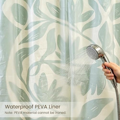 Tropical Green Flower Linen Shower Curtain Set with Liner,72"Wx72"L | Double Layer Shower Curtain Waterproof Fabric with Zippered Removable PEVA Liner,Boho Shower Curtain for Bathroom,Free Hooks - color: Green Vase Floral