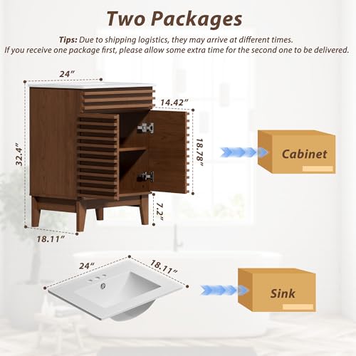 APRILSOUL 24" Bathroom Vanity with Ceramic Sink, Mid-Century Bathroom Vanity Cabinet with 2 Soft Closing Doors, Freestanding Bathroom Vanity, Particleboard Frame with Wood Grain Laminate, Walnut - color: Walnut/ White Sink, size: 24 Inch