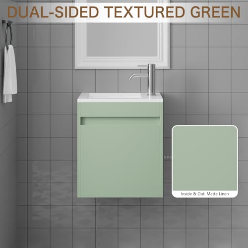 wonline 16" Small Floating Green Bathroom Vanity Sink Combo, Wall Mounted Narrow Single Cabinet with Resin Basin Sink Top, Water Saving Chrome Faucet & Pop-Up Drain - color: Green Linen