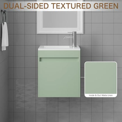 wonline 16" Small Floating Green Bathroom Vanity Sink Combo, Wall Mounted Narrow Single Cabinet with Resin Basin Sink Top, Water Saving Chrome Faucet & Pop-Up Drain - color: Green Linen