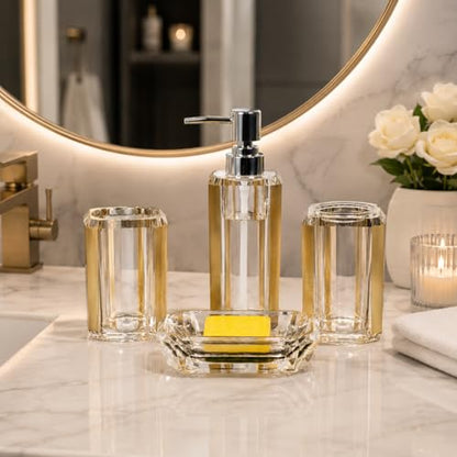 LGURT 4pc Crystal Clear Acrylic Bathroom Set, Brushed Gold Soap Dispenser | Soap dish, rinse cup & holder, with brushed gold accent. For apartment, guest bath, or vanity countertop. - color: Gold