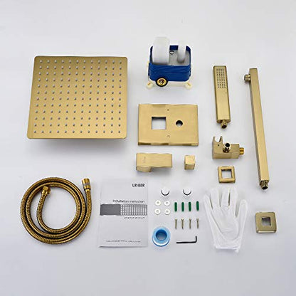 Iriber Brushed Gold Rain Shower System with 10 Inch Shower Head and Handheld Bathroom Wall Mounted Shower Set Contain Shower Faucet Mixer and Trim Kit (Valve Included) - color: Brushed Gold 04