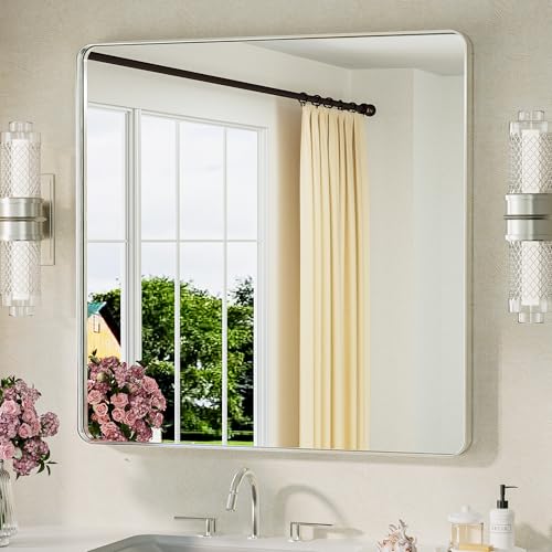 TETOTE 36 x 36 Inch Brushed Nickel Mirror Metal Framed Bathroom Mirror, Tempered Glass, Modern Farmhouse Wall Mounted Mirror for Decorative(Horizontal/Vertical) - color: Brushed Nickel, size: 36"L x 36"W