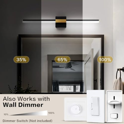 SOLFART Bathroom Lighting Fixtures Over Mirror: 32-Inch Black and Gold Dimmable Built-in Step Dimming Vanity Light ETL IP44 - color: Black Gold-6000K, 5-Step Brightness Control, size: 32 inch