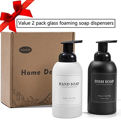 2 Pack Foaming Soap Dispenser, 12.7 Oz Thick Glass Pump, Black and White | Refillable Foam Soap Bottles for Hand Soap and Body Wash, Ideal for Bathroom Countertop, Kitchen Sink and More - color: Black and White