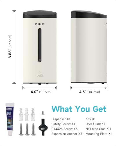 AIKE Automatic Liquid Soap Dispenser,25oz Capacity for Bathroom,Mattewhite | No-Drill and Screw Wall Mount Install Design for Space-Saving,4*AA batteries(Not Included) Ensure Long Standby,Model AK1205E - color: Off White
