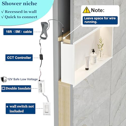 36"x12"White LED Shower Niche,3 CCT Dimmable Light, No Tile Needed | 304 Stainless Steel Bathroom Niche w/ Light(3000K/4000K/6000K), IP66 Waterproof, Space Saving & Durable ,LED Driver Included - color: White, size: 36X12In