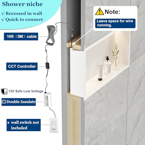 30"x12"White LED Shower Niche,3 CCT Dimmable Light, No Tile Needed | 304 Stainless Steel Bathroom Niche w/ Light(3000K/4000K/6000K), IP66 Waterproof, Space Saving & Durable ,LED Driver Included - color: White, size: 30X12In