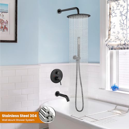 gotonovo Tub Shower Faucet Set with Valve,Matte Black,Straight Handheld | 10” Rain Shower Head with Handheld Trim Kit,Luxury Shower System with Tub Spout,All Metal,Bathroom Wall Mounted 3 Function - color: Black