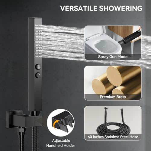 Shower System with Body Jets, Bostingner Four Modes Shower Faucet 12+6" Rain Shower Head with Handheld Spray 2 Ways, 4Pcs Shower Jets System in Wall Shower Faucet Sets Complete, Matte Black - color: Matte Black, size: 6+12 inch-01