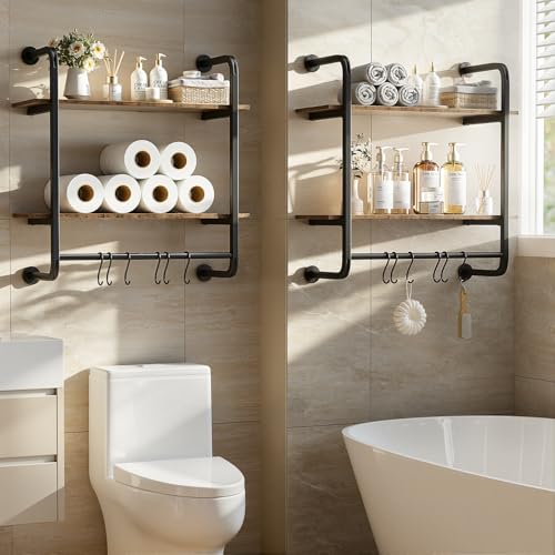 2 Tier Industrial Pipe Floating Shelf, 24" Kitchen Wall Shelves | with Towel Bar & 6 Hooks, Coffee Bar Shelves Display Bookshelf Wall Shelf for Kitchen, Bathroom, Home Décor, Rustic Brown - size: 24 Inch（2 Tier）