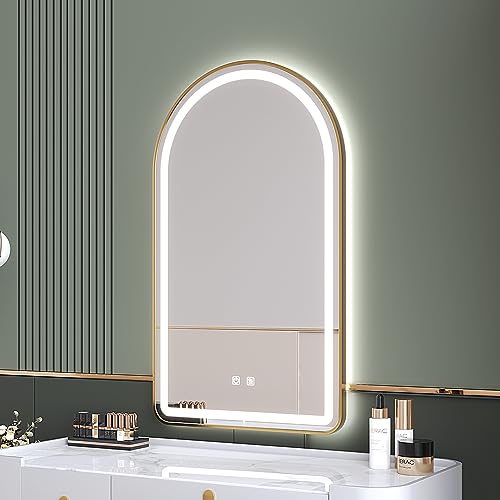 Arched Bathroom Mirror 30"x40", Gold, LED Tempered Glass | arch led bathroom mirror wall mounted vanity lighted tempered glass dimmable anti fog metal frame