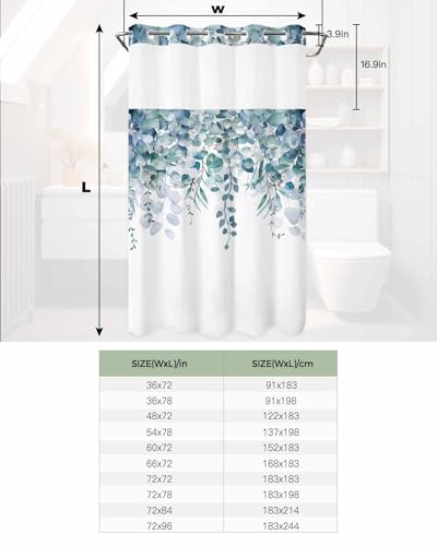 No Hook Shower Curtain and Snap in Liner Set, Blue Green Eucalyptus Fabric Bathroom Stall Shower Curtains 54x78, See Through Mesh Top Window, Spring Summer Botanical Floral Leaves Country Hotel Style - color: Blue Green, size: 54"W x 78"L (Pack of 1)