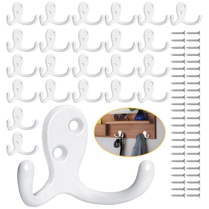 Homanu 24 Pack Coat Hooks, Heavy Duty Double Prong Coat Hooks Wall Mounted with 48 Screws, No Rust White Metal Wall Hooks for Hanging Towel, Coat, Bag, Hat, Cup, Key - color: 24 Pcs White