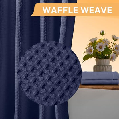 River Dream No Hooks Shower Curtain with 2 Snap in Liner, Navy, 71Wx74H | Waffle Weave, 1 Attached Snap in Liner and 1 Extra Replacement Liner, Bathroom Curtains Shower Set, Hotel Grade, Spa Like - color: Navy Blue