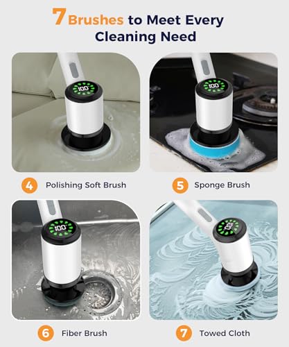 Cordless Electric Spin Scrubber with 7 Brush Heads, White-te1 | Adjustable long handle for shower, tile, grout, sink, tub, floor, and car wheel cleaning - size: 7heads