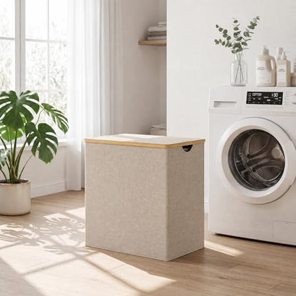 efluky Laundry Hamper with Lid, Double Laundry Basket with 2 Removable Bags, 2 Section Laundry Bin with Bamboo Handles for Bathroom, Bedroom & Laundry Room, 140L (36.9 Gallon) Oat - color: Oat, size: 140L Dual