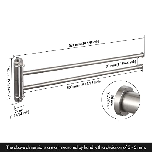 KES 19.5-Inch Bathroom Towel Rack, Swivel Towel Rack 2-Arm, Swing Out Double Towel Bar Wall Mounted, SUS304 Stainless Steel Brushed Finish, A2103S2L50-2 | SUS304 Stainless Steel, Swing-Out Design, 22 Lb Load Capacity, Anti-Drop End Caps, Includes Mounting