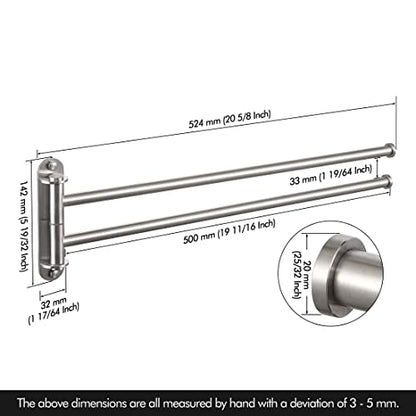 KES 19.5-Inch Bathroom Towel Rack, Swivel Towel Rack 2-Arm, Swing Out Double Towel Bar Wall Mounted, SUS304 Stainless Steel Brushed Finish, A2103S2L50-2 | SUS304 Stainless Steel, Swing-Out Design, 22 Lb Load Capacity, Anti-Drop End Caps, Includes Mounting