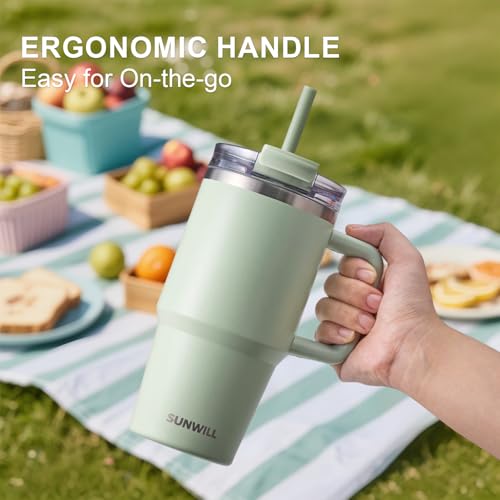SUNWILL Travel Coffee Mug with Lid, 20 oz Tumbler with Handle and Straw Leak Proof, Stainless Steel Cup Insulated for Office & Gym, Cupholder Friendly, Powder Coated Matcha Cream - color: Powder Coated Matcha Cream, size: 20 Ounces