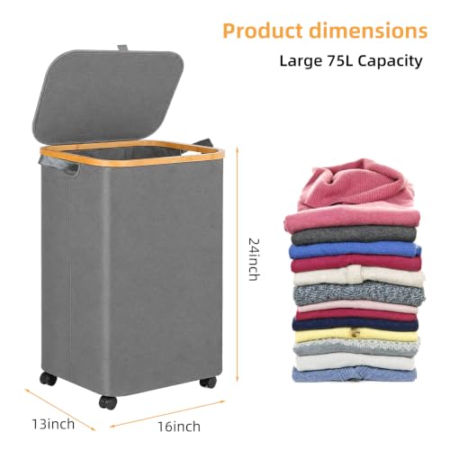 Laundry Hamper with Wheels and Lid 75L, Removable Inner Bag, Collapsible, Grey - color: Grey, size: 75L