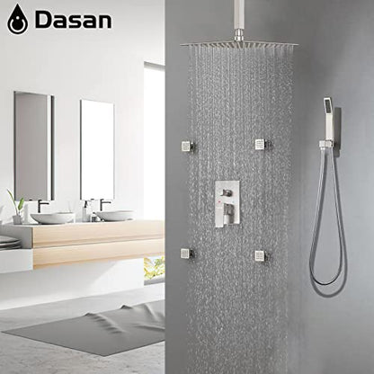 Brushed Nickel Shower System with 4 PCS Shower Body Spray Jets & 12’’ Ceiling Shower Head & Handheld Spray, DASAN Full Body Shower Faucet System with Jets Rainfall Shower Combo Set, SA-SS03BBN-S12C - color: Brushed Nickel