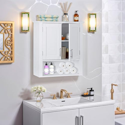 JupiterForce Bathroom Wall Cabinet Over The Toilet with 2 Doors and 3 Adjustable Shelves, Wall Mounted Bathroom Storage Medicine Cabinet for Bathroom, Living Room, Kitchen, White
