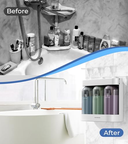 Shower Soap Dispenser Wall Mounted, Shower Dispenser 3 Chamber No Drill, Shampoo and Conditioner Dispenser for Bathroom Hotel, Shower Shampoo Dispenser 3 Chamber, White - color: White