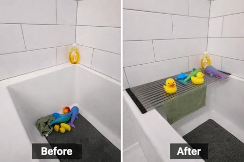 28" Bathtub Drying Rack for Bath Toys, Over-the-Tub Roll-Up Shelf & Tray | Fits tub openings up to 28 in. wide; measure first. Fast-draining, non-slip silicone tips; holds toys, cups & washcloths