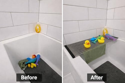 28" Bathtub Drying Rack for Bath Toys, Over-the-Tub Roll-Up Shelf & Tray | Fits tub openings up to 28 in. wide; measure first. Fast-draining, non-slip silicone tips; holds toys, cups & washcloths