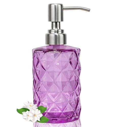 12Oz Purple Glass Soap Dispenser, Liquid Hand Bottle, Stainless Steel Pump | Refillable Clear Kitchen Soap Dispenser with Diamond Design, for Hand soap, Dish Soap, Lotion, Bathroom, Countertop, Hotel - color: Purple Diamond