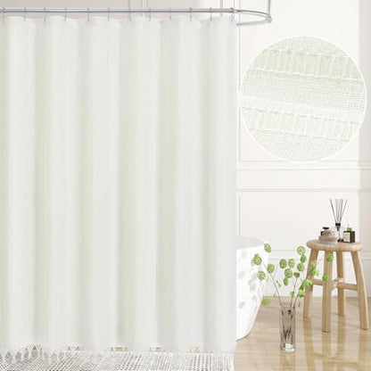 Long Linen Farmhouse Shower Curtain Set with Tassel, Modern Boho French Country Chic Bathroom Shower Curtain Set with PEVA Liner, Cotton Luxury Fabric Shower Curtain 72x78 - White - color: White, size: 72"W x 78"L (Pack of 1)