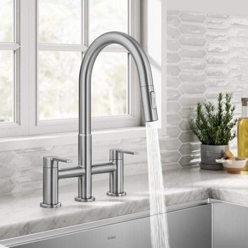 KRAUS Oletto Bridge Kitchen Faucet with Pull-Down Sprayhead in Spot-Free Stainless Steel, KPF-3122SFS - color: Spot Free Stainless Steel, style: Bridge Faucet