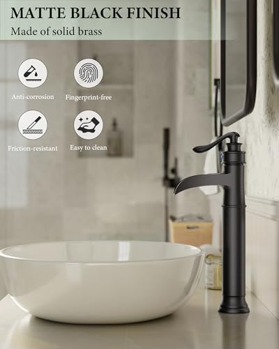 Matte Black Vessel Sink Faucets Waterfall Bathroom Faucet Single Handle | 1 Hole Brass for Lavatory Farmhouse with Pop Up Drain Mixer Tap Without Overflow Supply Line by Homevacious - color: Matte Black
