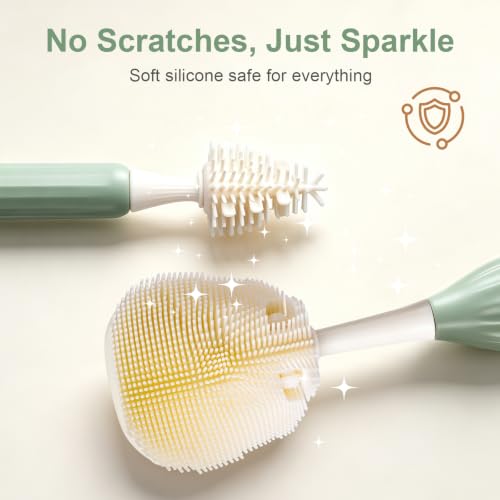 Baby Bottle Brush Set with Soap Dispenser, Foaming Brush & Drying Stand | Soft Silicone Bristles, Fan-Shaped Deep Cleaning Head, 3-Piece Kit with Nipple & Straw Brushes, Quick-Dry Storage, BPA-Free