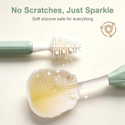 Baby Bottle Brush Set with Soap Dispenser, Foaming Brush & Drying Stand | Soft Silicone Bristles, Fan-Shaped Deep Cleaning Head, 3-Piece Kit with Nipple & Straw Brushes, Quick-Dry Storage, BPA-Free