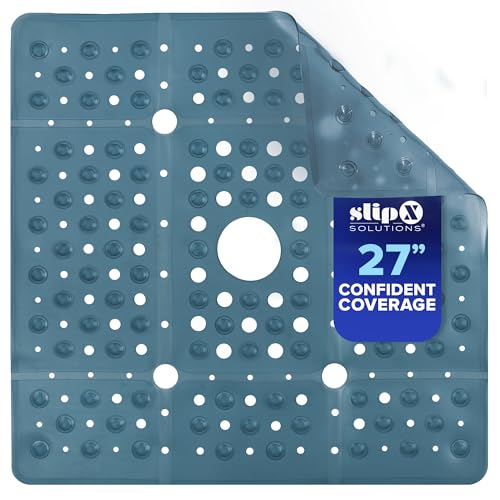 SlipX Solutions 27" Oversize Square Shower Mat, Non-Slip Mat for Elderly & Kids, 100+ Power Grip Suction Cups for Smooth Surfaces, Machine Washable, Dusty Blue - color: Translucent Dusty Blue