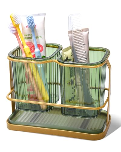 Green Toothbrush Holders for Bathrooms, 2 Cups Toothbrush Holders Wall Mounted, Dry & Wet Separation, Bathroom Organizers and Storage, Bathroom Toothbrush Holder Set for Family Kids - color: Gree