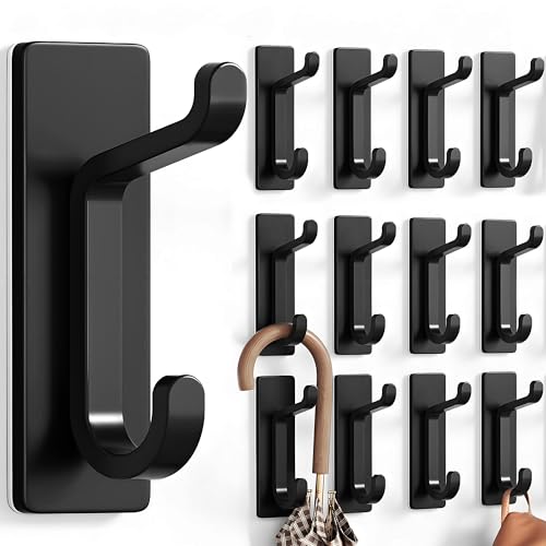 pickpiff 12 Pack Wall Hooks for Coat and Towel: 13LB Adhesive Door Hanger Stick on, Black - color: Black, size: 12 Pack