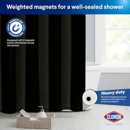 Clorox 2-in-1 Bathroom Shower Curtain Liner, Durable Fabric, Weighted Magnets for Bath Water Control, Washable Premium Quality, Modern - 72" x 72" Black - color: Black - Standard