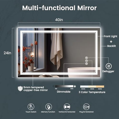 Led Bathroom Mirror, 40x24 Inch, Front & Backlit, Anti-Fog, Wall Mounted, 10W, 192 LED Beads, Silver - size: 40"L x 24"W