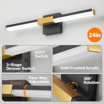 SOLFART Bathroom Light Fixtures 5CCT: Black and Gold 24-Inch LED Bar Dimmable Detachable 4-Way Light Direction Vanity Lights for Bathroom ETL IP44 - color: Black Gold-5CCT, 5-Step Brightness Control, size: 24 inch