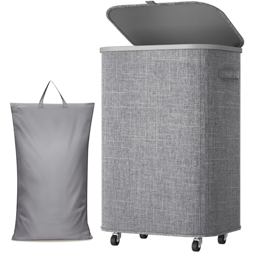 Lifewit 85L Plastic Laundry Basket with Lid, Large Clothes Hamper with Wheels and Removable Bag, Tall Collapsible Rolling Storage Bin for Dorm Bedroom Bathroom, Light Gray - color: Light Gray, size: 85L
