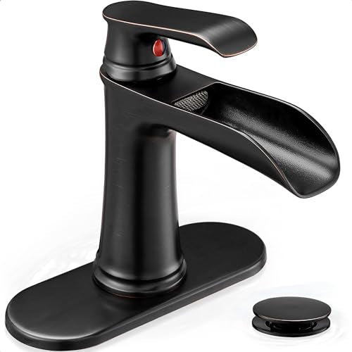 Brass Waterfall Faucet, Oil Rubbed Bronze Bathroom Faucet, 4 Inch Bathroom Sink Faucet 1 Hole or 3 Holes, 1 Handle Bathroom Faucets with Pop Up Drain Deck Plate Supply Hose for Antique Farmhouse - color: Oil Rubbed Bronze - Antique