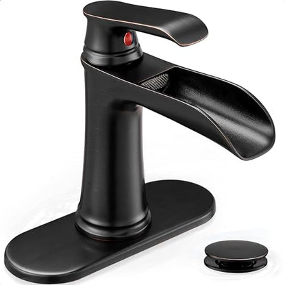 Brass Waterfall Faucet, Oil Rubbed Bronze Bathroom Faucet, 4 Inch Bathroom Sink Faucet 1 Hole or 3 Holes, 1 Handle Bathroom Faucets with Pop Up Drain Deck Plate Supply Hose for Antique Farmhouse - color: Oil Rubbed Bronze - Antique